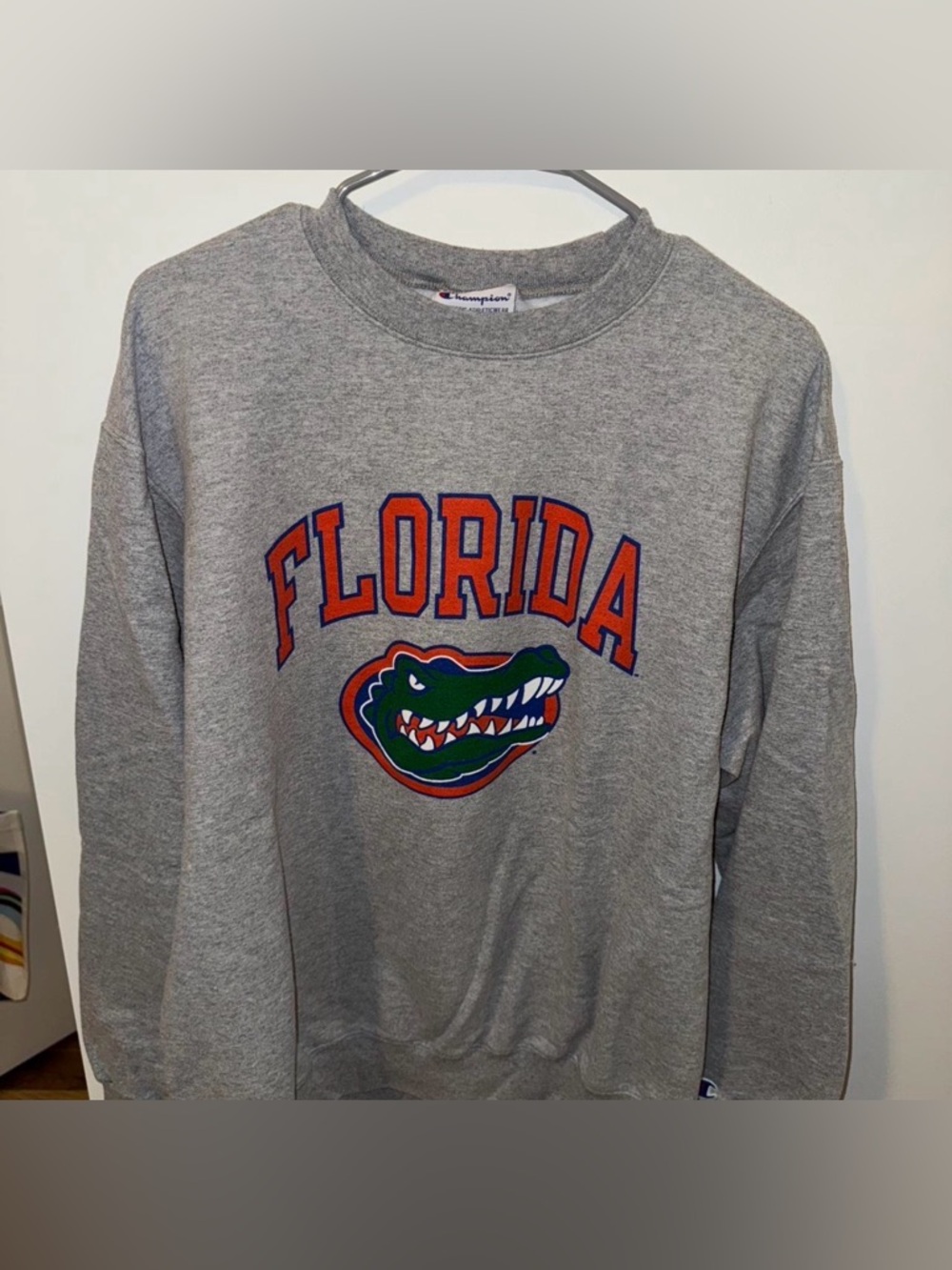 Champion Grey Sweatshirt with Orange and Blue Print